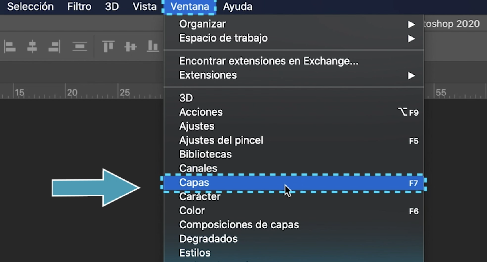 Haz clic en la pestaña Ventana y luego, en el menú que se despliega, selecciona Capas.